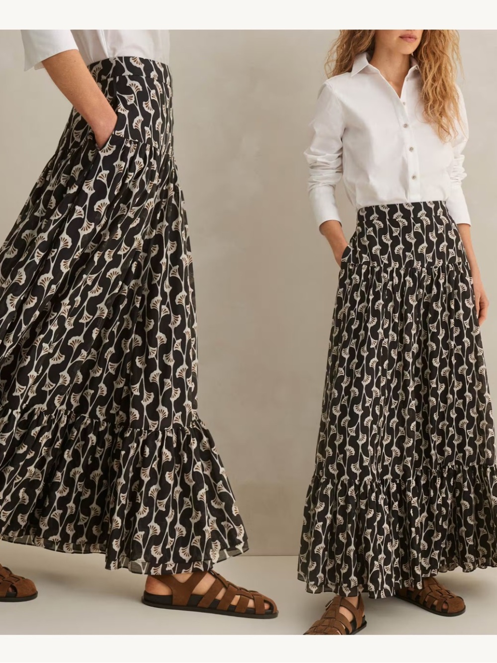 Me + Em Silk and Cotton Black and Cream Floral Maxi Skirt